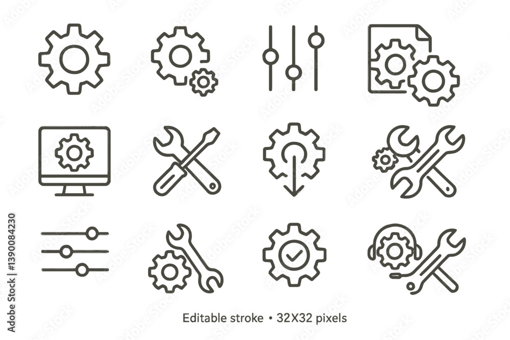 Vector line icon set showcasing tools and settings for mechanical and digital applications in a modern design