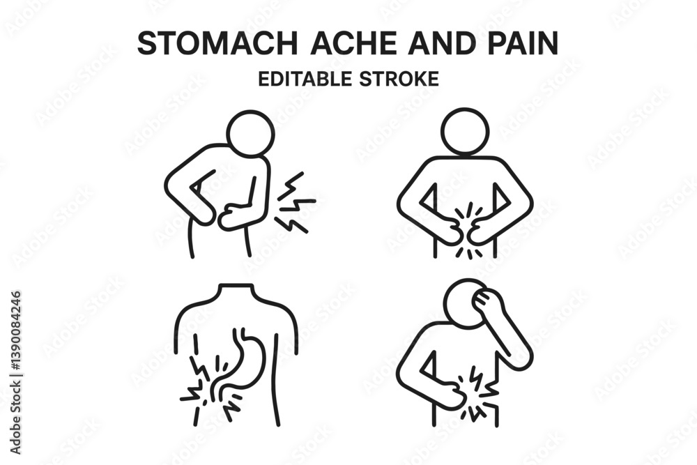 Fototapeta premium Stomach pain and ache line vector icon design illustrating various discomfort positions and reactions