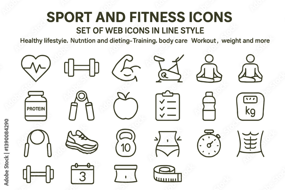 Vector line icons representing various elements of sports, fitness, and healthy lifestyle choices related to training and nutrition Vector line icons representing various elements of sports, fitness, and healthy lifestyle choices related to training and nutrition