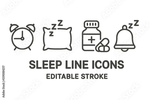 Sleep management icons featuring alarm, pillow, medication, and bell symbols in line vector style for wellness and health representation