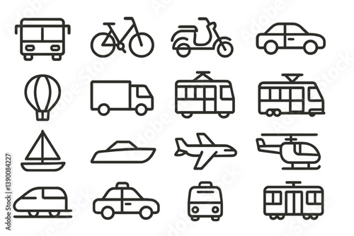 Various modes of transportation depicted in line vector icons showcasing cars, bikes, planes, and more ready for diverse travel scenarios