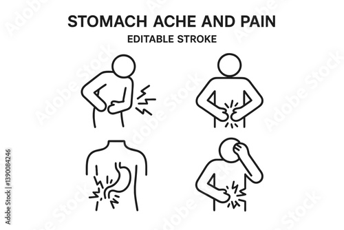 Stomach pain and ache line vector icon design illustrating various discomfort positions and reactions