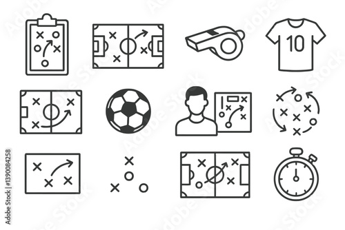 Line vector icons representing soccer strategy, equipment, and player activities in sports coaching