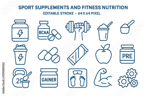 Vector icons displaying various sport supplements and fitness nutrition items for healthy living and active lifestyles