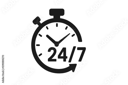 24/7 service symbol with clock icon representing continuous availability and round-the-clock operations for businesses or services