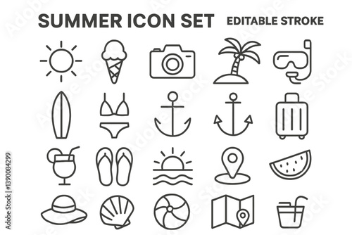 Summer icon collection featuring elements like sun, beach, and water activities for seasonal illustration needs