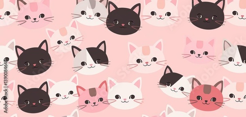 Adorable pastel pink, black & white cartoon cat faces create a charming seamless pattern for design projects, print, art