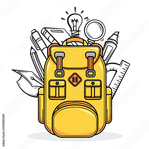 backpack, illustration, education, bag, design, study, school, graphic, pen, college, notebook, isolated, student, learn, vector, schoolbag, pack, ruler, equipment, set, back, accessory, signs, banner