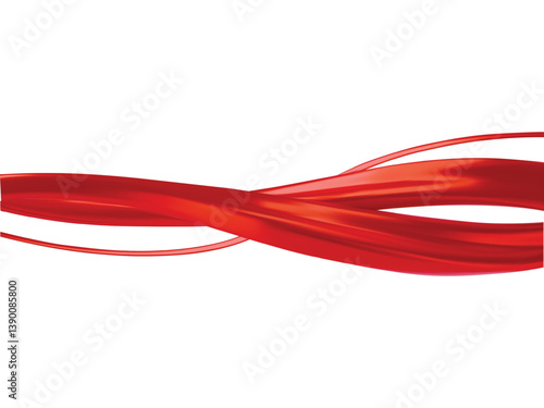Glossy red twisted ribbons vector 3D design, realistic abstract horizontal wave stripes, curvy lines stream shapes