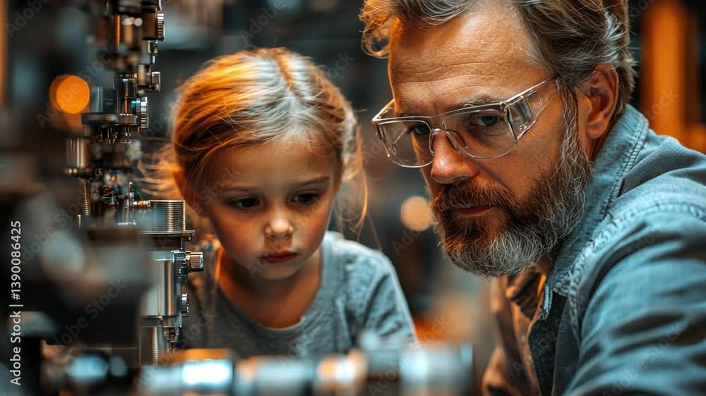 Father and Daughter Workshop: A heartwarming scene of a father and daughter bonding over their shared interest in mechanics. The image showcases the man and girl working closely. Father and Daughter Workshop: A heartwarming scene of a father and daughter bonding over their shared interest in mechanics. The image showcases the man and girl working closely.