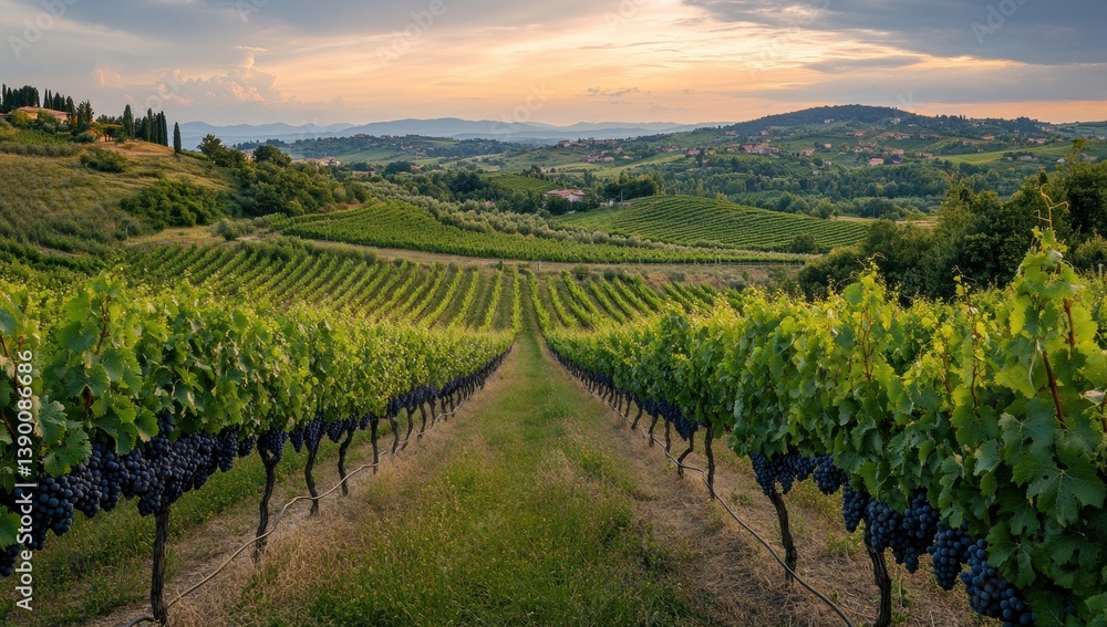Fototapeta premium Picturesque vineyard landscape at sunset. Rolling hills, rows of grapevines, and rich colors characterize this idyllic scene