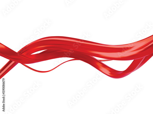 Red twisted ribbons on white, abstract intertwined wave shapes, glossy curvy lines stream vector 3D background