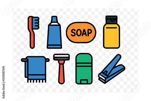 Bright and colorful linear icons set of everyday hygiene items
