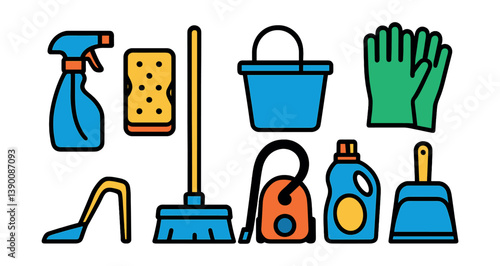 Bold cleaning icons set: essential tools for efficient home maintenance