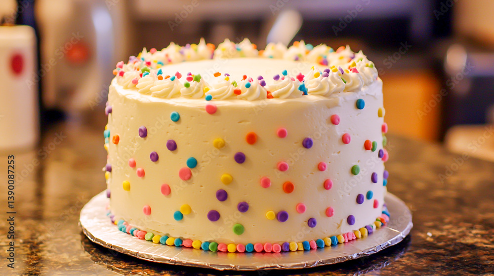 Delicious Birthday Cake with Smooth White Frosting and Vibrant Multicolored Polka Dot Decorations Delicious Birthday Cake with Smooth White Frosting and Vibrant Multicolored Polka Dot Decorations