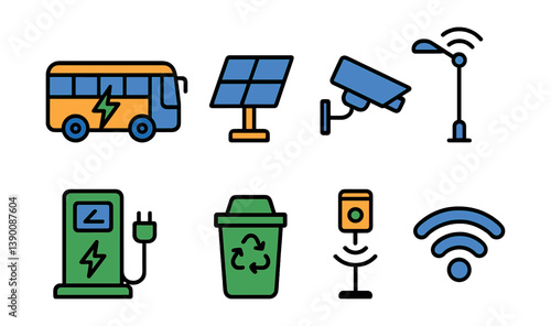 Smart city tech: linear icon set with eco-friendly and digital solutions