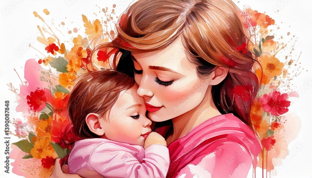 Mother holding a baby in her arms. Mother's Day illustration