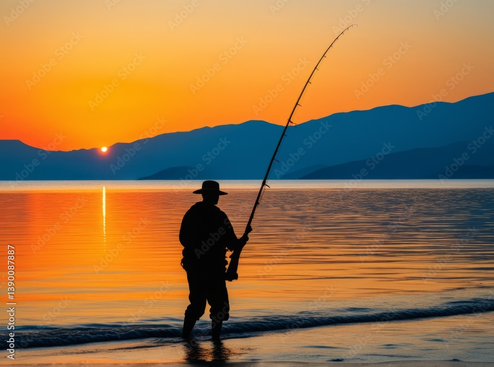 A silhouette of a fisherman stands in shallow waters as the sun sets over the horizon, creating a picturesque scene of tranquility and focus on the lake A silhouette of a fisherman stands in shallow waters as the sun sets over the horizon, creating a picturesque scene of tranquility and focus on the lake