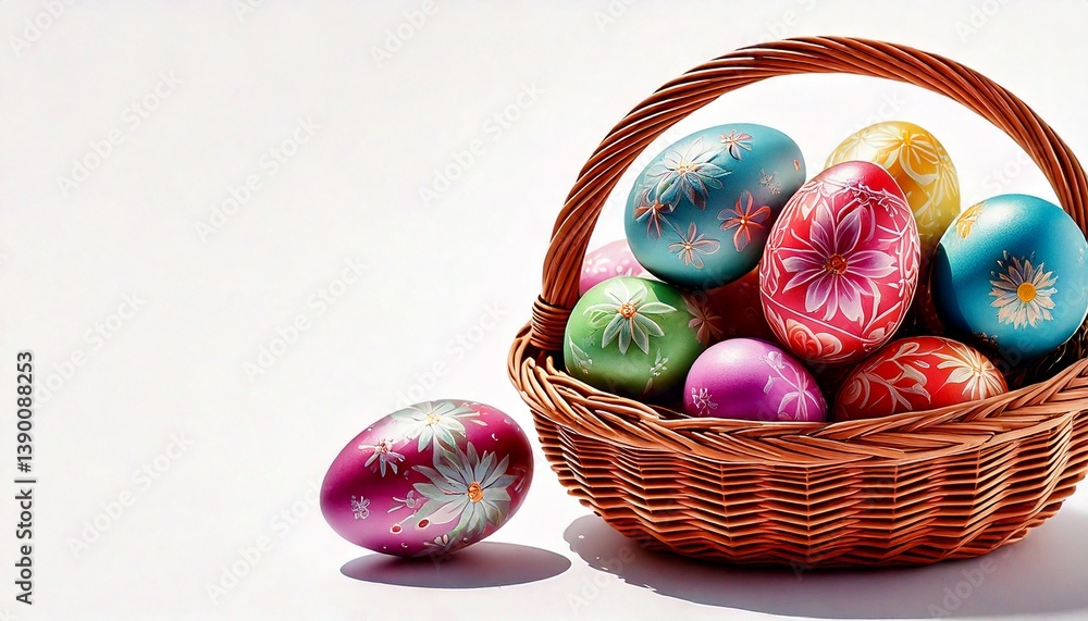 A basket full of colorful Easter eggs on a white background