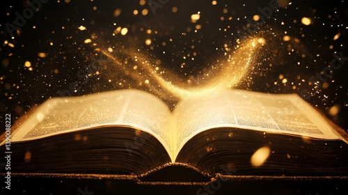 Enchanted book with glowing magic dust in motion