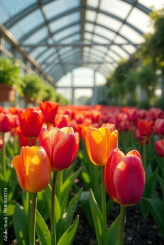 Breathtaking tulips blooming in a sunlit greenhouse, horticulture, flowers, sunlit