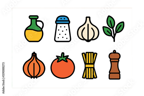 Essential cooking ingredient icons set: simple kitchen elements collection in flat design