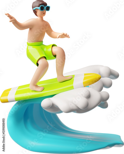 Man rides a surfboard on a wave 3D plastic cartoon style vector illustration, realistic surfing activity, sport on water