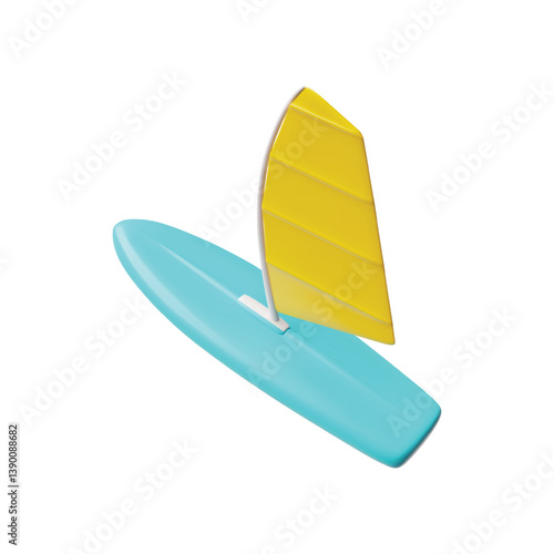 Surfboard with sail 3D cartoon vector icon, realistic windsurfing blue board for active sport on water, sports equipment