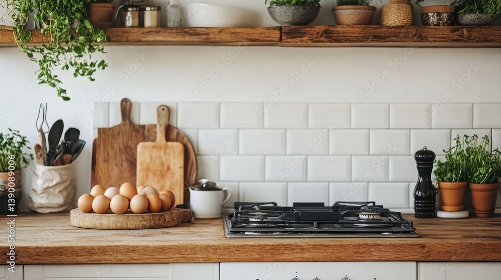 Fototapeta premium Cozy and Inviting Kitchen Countertop with Fresh Eggs, Cooking Utensils, and Greenery on Display