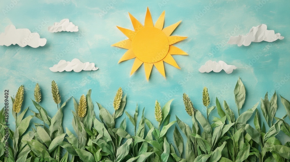 Obraz premium Vibrant Paper Art Landscape with Sun, Clouds, and Wheat Field in Warm Colors for Creative Projects