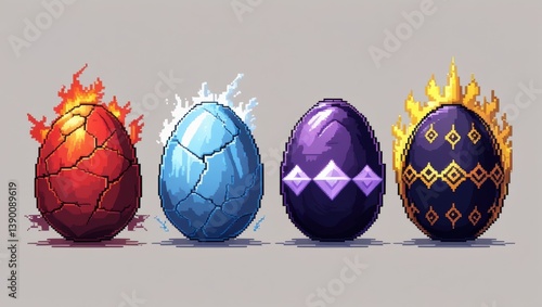 Pixel Art Dragon Eggs Fire Ice Dark and Gold Elemental Designs