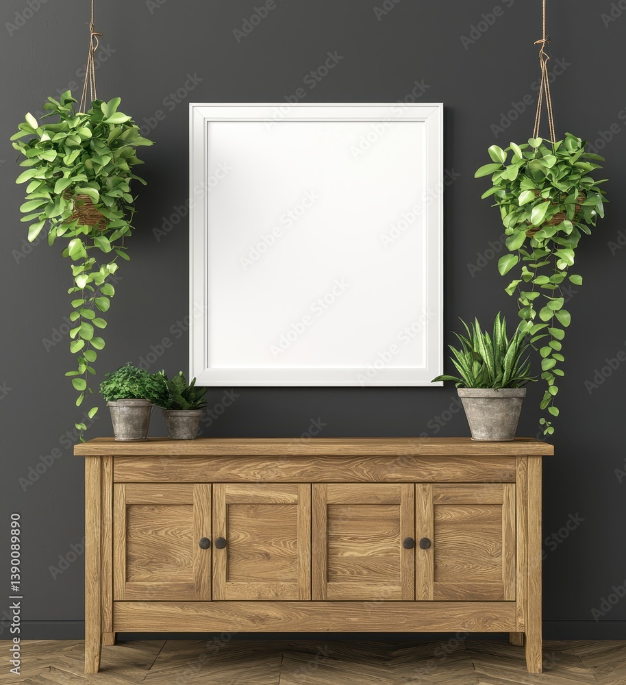 Fototapeta premium Blank White Poster Frame Mockup on Rustic Wooden Sideboard with Plants