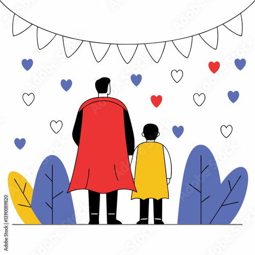 father, son, superhero, cape, red, yellow