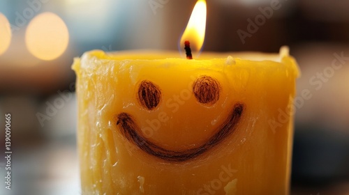 Cheerful yellow candle with smiley face design and glowing flame
