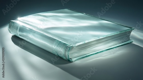 Crystal clear glass book on illuminated surface casting shadows