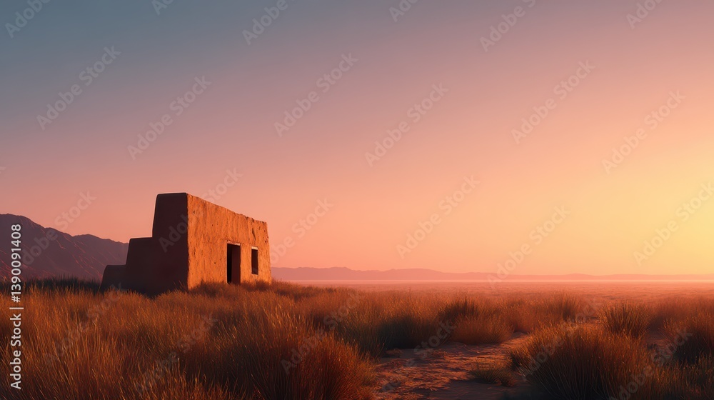 Fototapeta premium Warm, golden hour lighting highlights a solitary structure in a vast field. The landscape features soft grass and distant mountains, evoking a sense of serenity and nomadic life