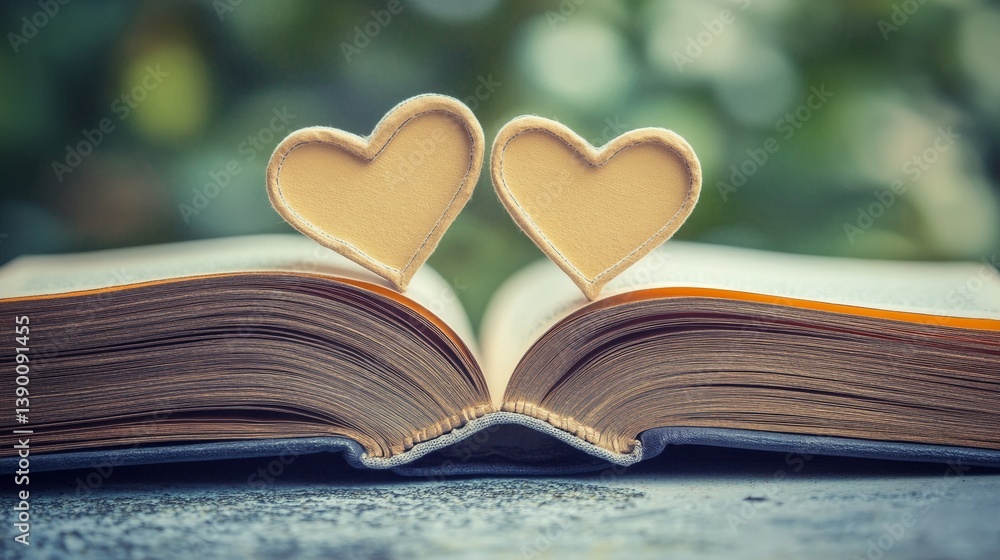Open book with heart-shaped bookmarks on blurred natural background Open book with heart-shaped bookmarks on blurred natural background
