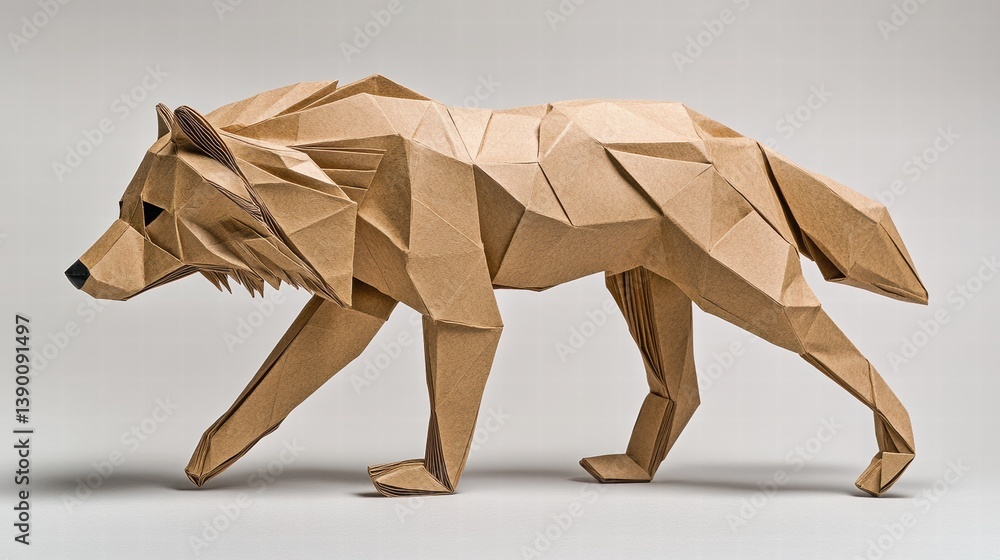 Detailed Origami Wolf Model Crafted from Brown Paper Sheets