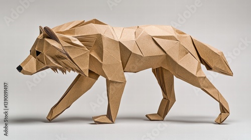 Detailed Origami Wolf Model Crafted from Brown Paper Sheets