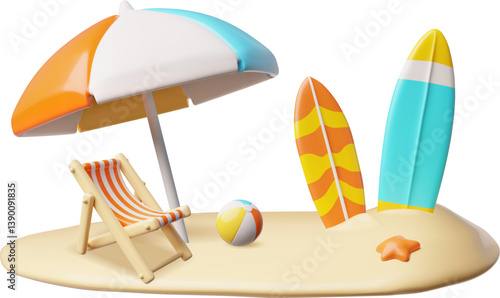 3D beach with surfboards, umbrellas, lounge chair and ball.