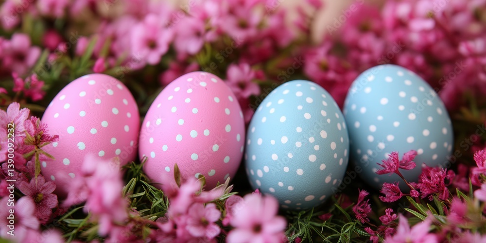 Three polka dot eggs nestled in pink flowers celebrate the joy of Easter. Three polka dot eggs nestled in pink flowers celebrate the joy of Easter.