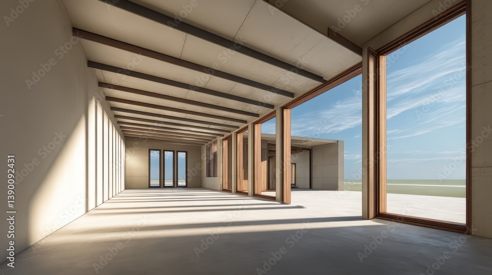 Fototapeta premium Natural light floods the open space of a passive house under construction, showcasing efficient architectural features and generous window placements that enhance energy use and comfort