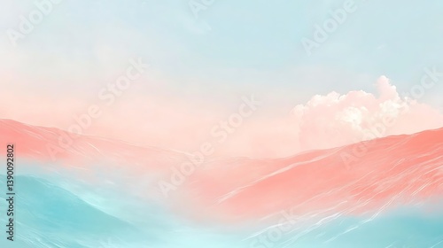 Pastel landscape with dreamy clouds and hills.