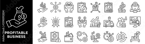 Profitable business icon collection set. Containing profit, revenue, income, sales, margin, cash flow, capital, asset icon. Simple line vector	