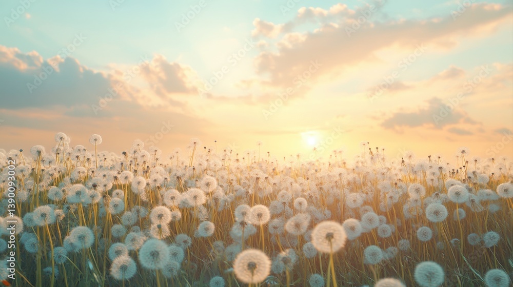 Fototapeta premium Tranquil Dandelion Field Under Bright Sky at Sunset with Soft Clouds and Warm Horizon Glow