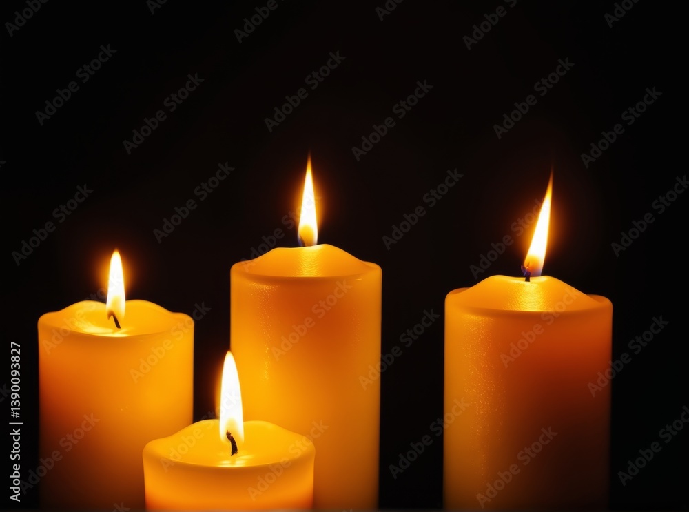 Four yellow candles illuminate a dark space with their warm, dancing flames, fostering a serene atmosphere ideal for relaxation or quiet reflection Four yellow candles illuminate a dark space with their warm, dancing flames, fostering a serene atmosphere ideal for relaxation or quiet reflection