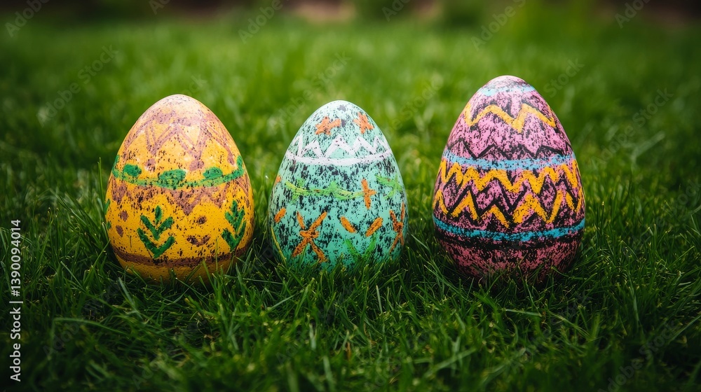 Three decorated eggs resting gently in lush green grass Three decorated eggs resting gently in lush green grass