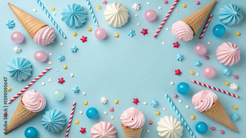 Fototapeta premium Pastel sweets and ice cream cones on blue background flat lay photo