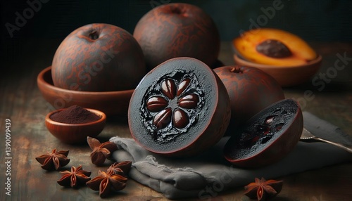 Black Sapote Mexico A cut open black sapote revealing the dark c