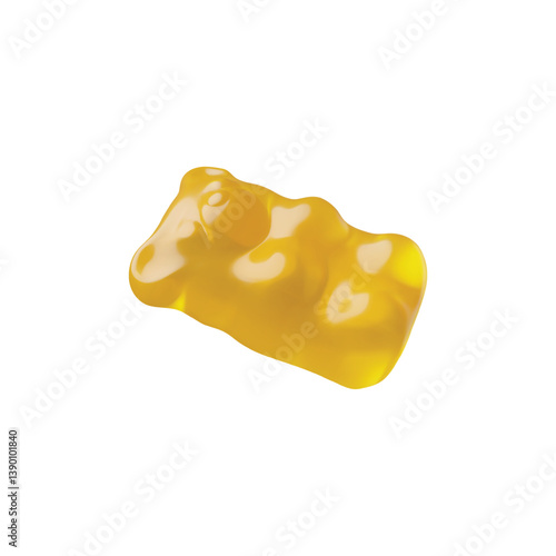 Yellow chewy gummy bear 3D cartoon vector icon, sweet dessert, fruit flavor of delicious snack, bright animal candy